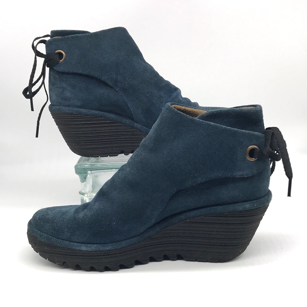 Fly London Ankle Boot Ocean blue Suede Wedge size 37 US 6 - 6.5